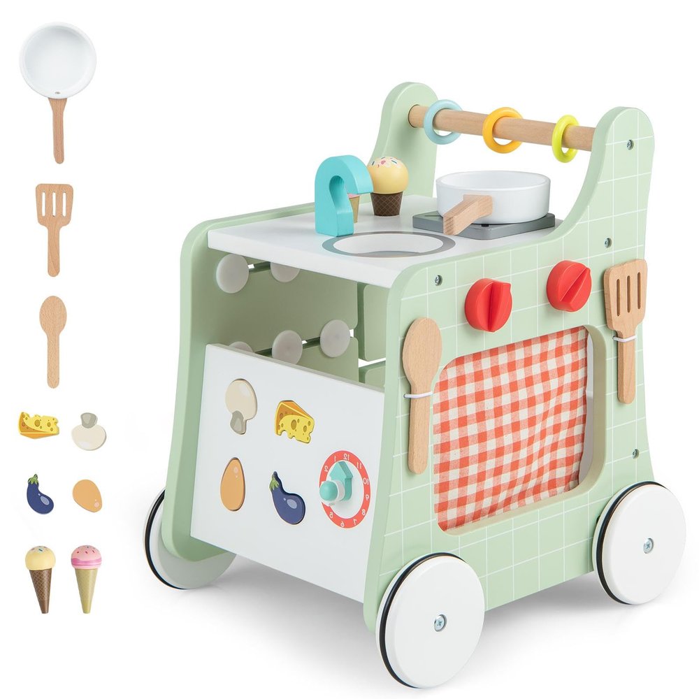 HOMGX Baby Push Walker with Wheels, 6-in-1 Wooden Montessori Toys, Toddler Learning Walker Activity Center, Pretend Kitchen Playset with Shape Sorter, Tool Toy for Kids Boys Girls Ages 12M+