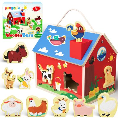 BUMBELIN Wooden Barn Shape Sorter Montessori Farm Animal Toys for Toddlers, Educational Pretend Play Barn with Flip-Open Roof & Handle, 12 Animal Blocks, Birthday for 2-4 Boys Girls
