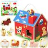 BUMBELIN Wooden Barn Shape Sorter Montessori Farm Animal Toys for Toddlers, Educational Pretend Play Barn with Flip-Open Roof & Handle, 12 Animal Blocks, Birthday for 2-4 Boys Girls view 1