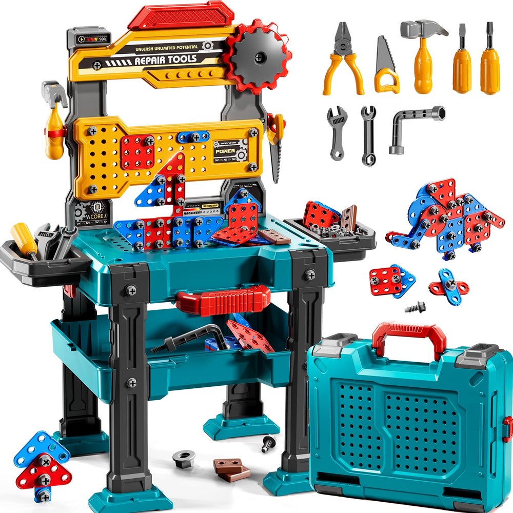 KIZONLY Kids Tools Toy Sets for Aged 3 4 5 6 7 8, 2 in 1 Workbench Toys for Toddlers 3-5, Pretend Play Toolbox, Construction Mechanic Set with Sound, Educational Birthday Gift for Boys Girls Ages 3-8