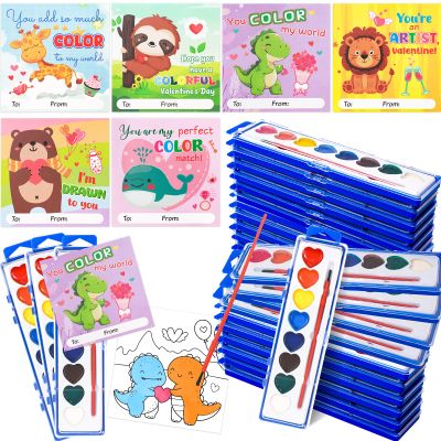 Fancy Land 24 Pack Valentines Day Gifts for Kids Watercolor Paint Set with Cards Valentines Party Favor