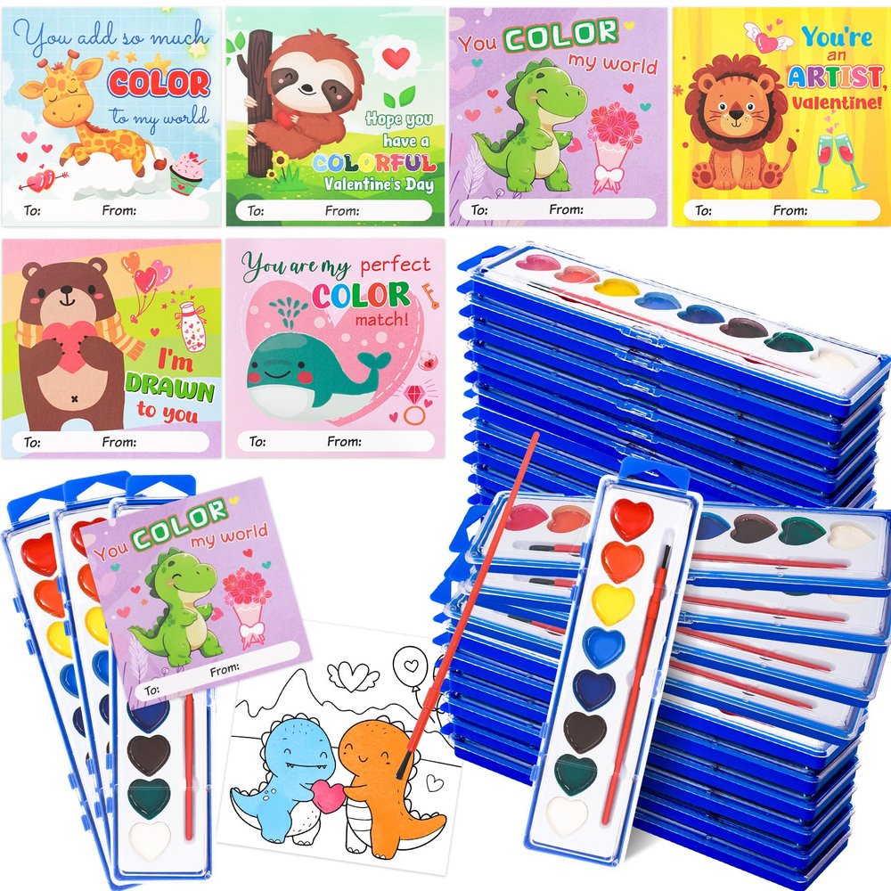 Fancy Land 24 Pack Valentines Day Gifts for Kids Watercolor Paint Set with Cards Valentines Party Favor