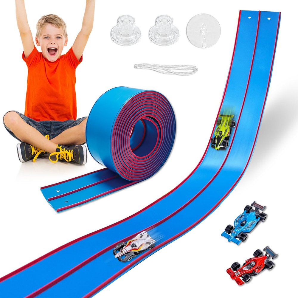 Flexible Race Track Toys for Kids, 15 Ft Double Lane Racetrack with 4 Cars & Suction Cups, Compatible with Hot Wheels & 1/64 Diecast Cars, Portable Roll Up Car Ramp Track Set for Ages 3+(Blue & Red)