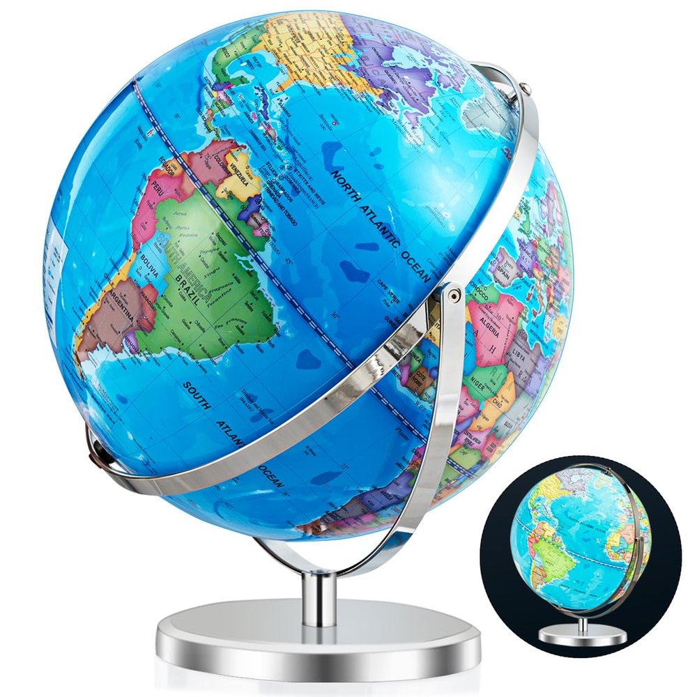 LDAILY Illuminated World Globe with Stable Stand Base, Educational Interactive Clear Map and Built-in LED Night Light, 720 Rotating Light up Globe for Children, Adults, Classroom, Home & Office Desk