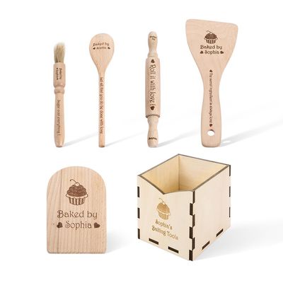 Personalized Wood Cooking Baking Tools with Name Set of 6 Kitchen Birthday for Kids