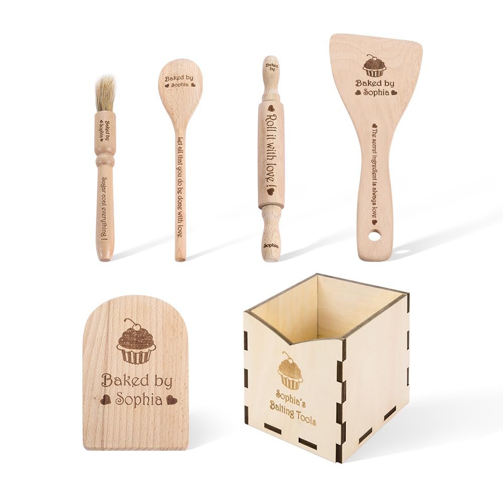 Personalized Wood Cooking Baking Tools with Name Set of 6 Kitchen Birthday for Kids