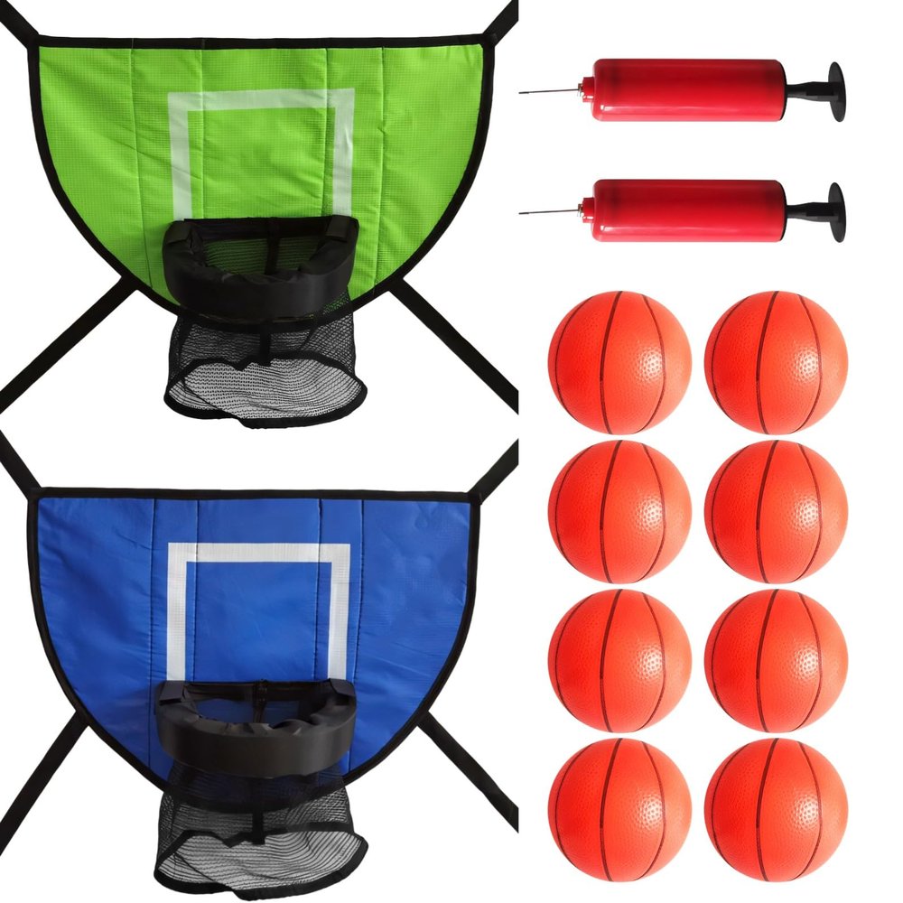 2 Pcs Basketball Hoops for Trampolines, Comes with 2 Air Pumps & 8 Inflatable Balls, Fit for Standard Trampolines, Youth-Focused Outdoor Play
