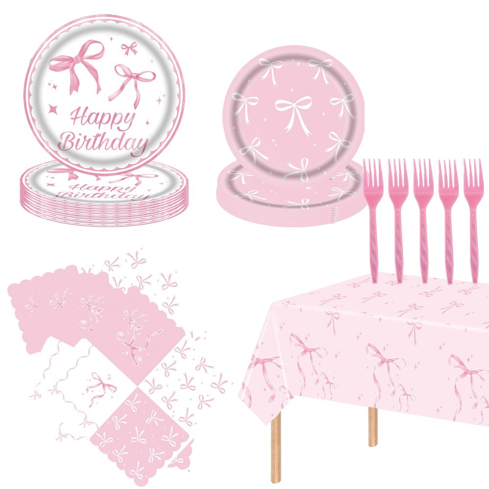 101Pcs Bow Birthday Decorations Pink Bow Themed Party Tableware Set-Paper Plates and Napkins,Forks,Pink Bow Tablecloths for Baby Shower Party,Girls Birthday Party,Serves 25 Guests