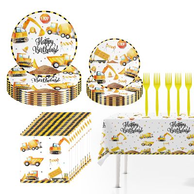 101Pcs Construction Theme Birthday Party Decorations Tableware Set Includes Plates, Napkins,Tablecloth,Forks for Boys Kids Construction Excavator Birthday Party Supplies Serves 25 Guests