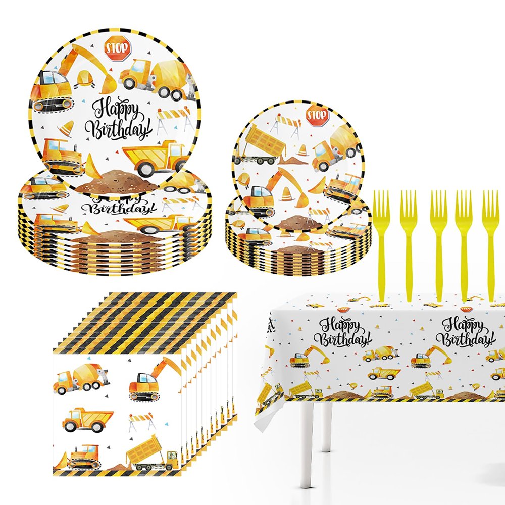 101Pcs Construction Theme Birthday Party Decorations Tableware Set Includes Plates, Napkins,Tablecloth,Forks for Boys Kids Construction Excavator Birthday Party Supplies Serves 25 Guests