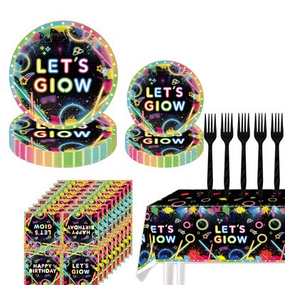 101PCS Neon light Party Supplies Let's Glow Party Decorations Include Paper Plates and Napkins Tablecloth Forks in the Dark Theme Decoration for Baby Shower Glow Birthday Party Serves 25