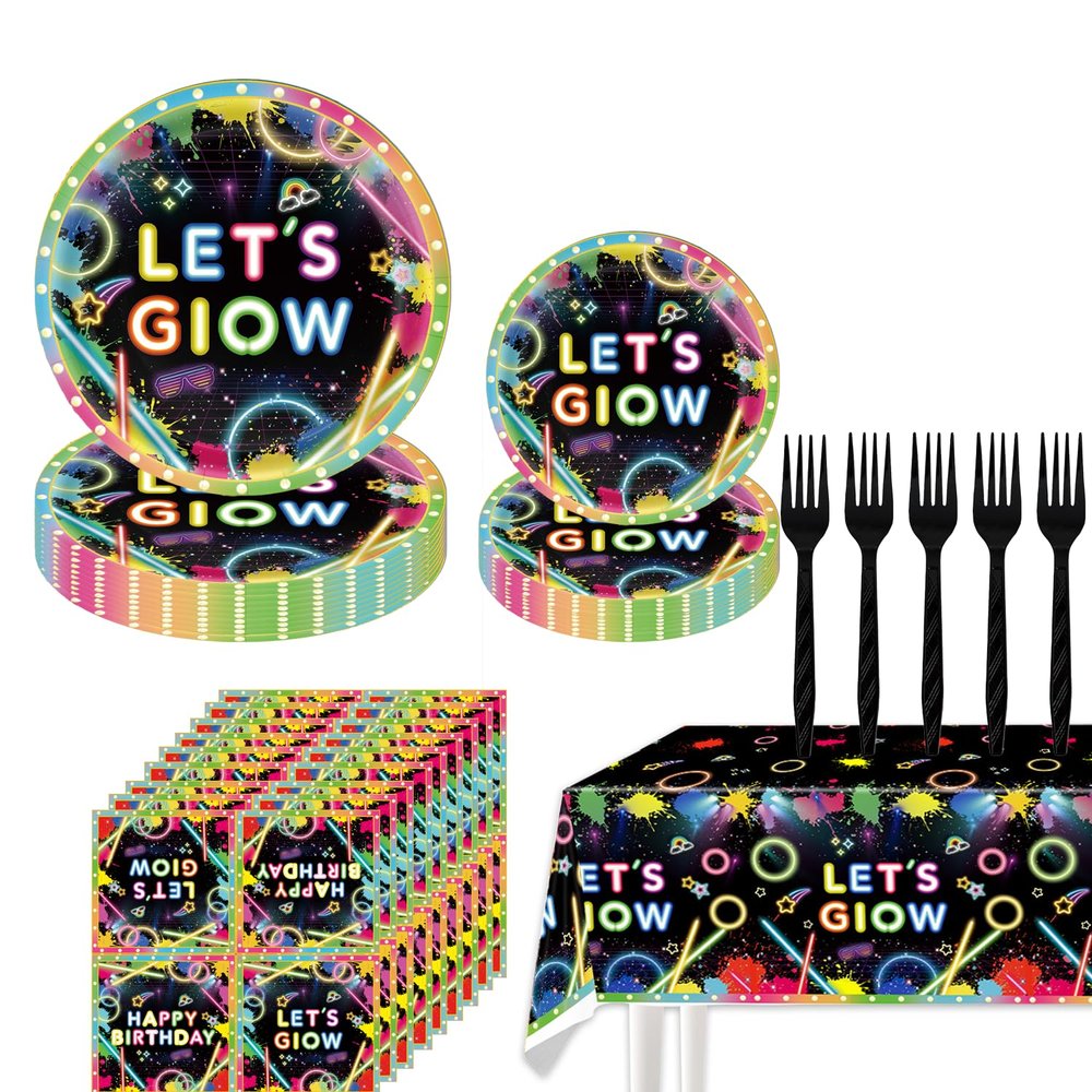 101PCS Neon light Party Supplies Let's Glow Party Decorations Include Paper Plates and Napkins Tablecloth Forks in the Dark Theme Decoration for Baby Shower Glow Birthday Party Serves 25