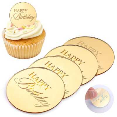 Gjinxi Mirror Round Cupcake Toppers Acrylic Circle Happy Birthday Cupcake Toppers, 20PCS Happy Birthday Cake Decorations, Round Engraved Cake Picks, Reusable Party Supplies, Gold