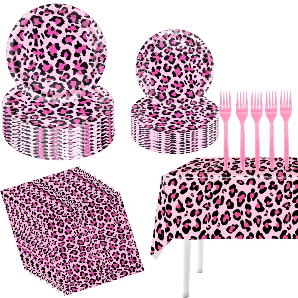 101PCS Leopard Print Party Supplies Cheetah Birthday Decorations Tableware Set - Plates and Napkins,Tablecloth,Forks for Girl Hot Pink Leopard Theme Birthday Party Decorations Serves 25