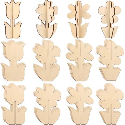 24 Pcs Spring Wooden Craft Flowers Ideal for Painting, DIY Kit with 3 Patterns for Kids, Perfect for Family Art Time