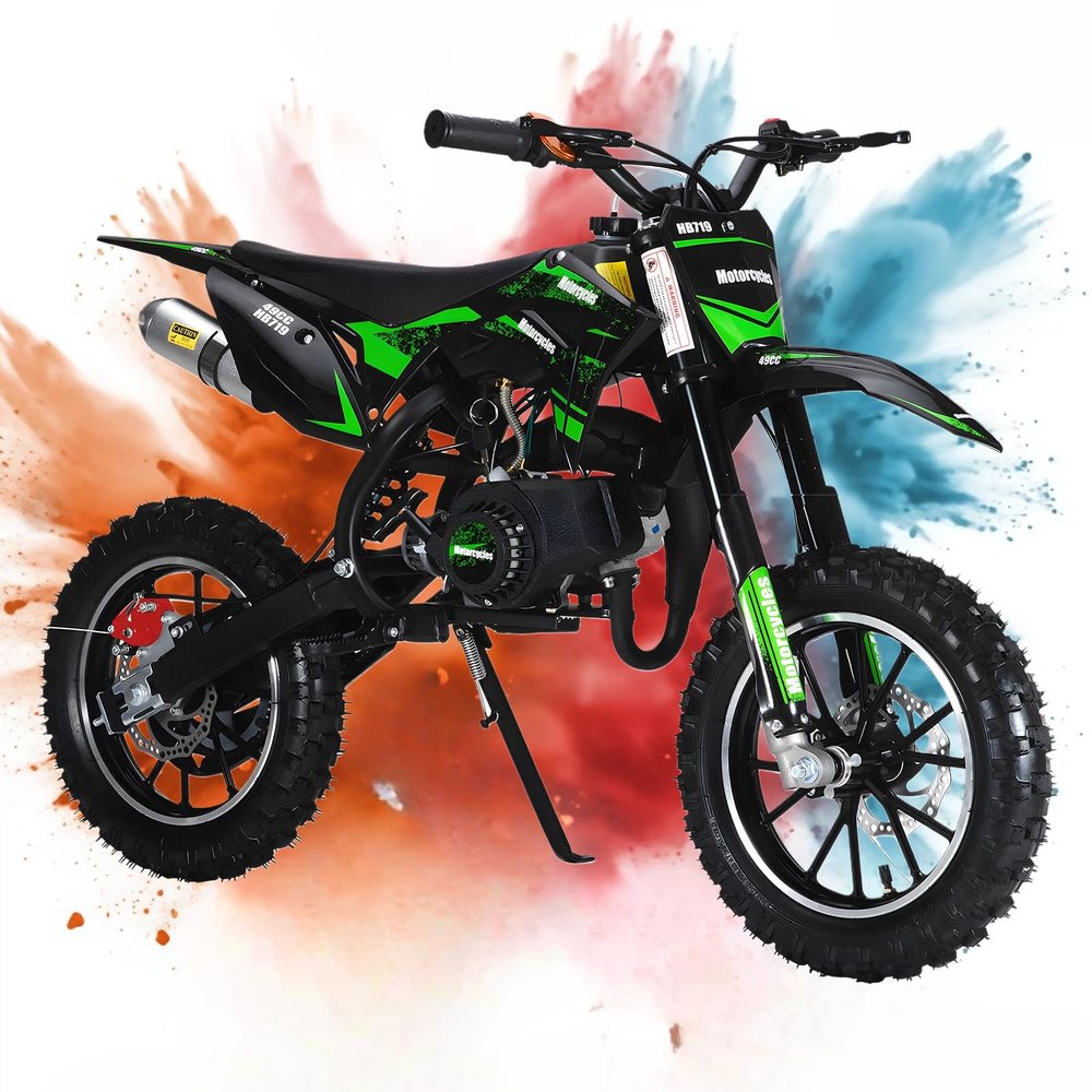 Mini Gas Dirt Bike for Adults&Child, 49CC 2-Stroke Kids Motorcycle Gas Powered Kids Dirt Bike Mini Off-Road Motorcycle with Front Rear Disc Brakes Load 330 LBS for Various Outdoor Environments Green
