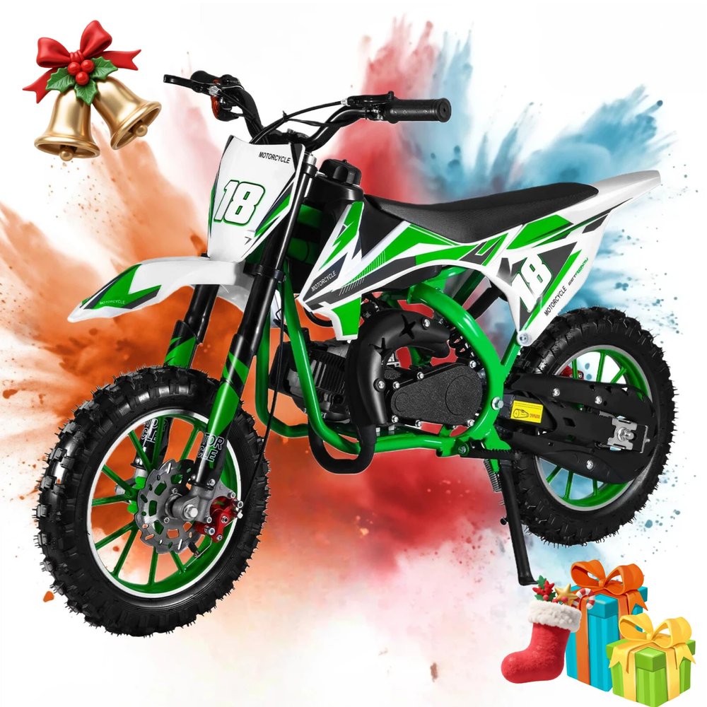 Mehisir Kids Dirt Bike,49cc 2-Stroke Mini Kids Dirtbike Gas Powered Motorcycle with Front Rear Disc Brakes Off Road Mini Motorcycle for Ages 6-12 Courtyards Gardens Green