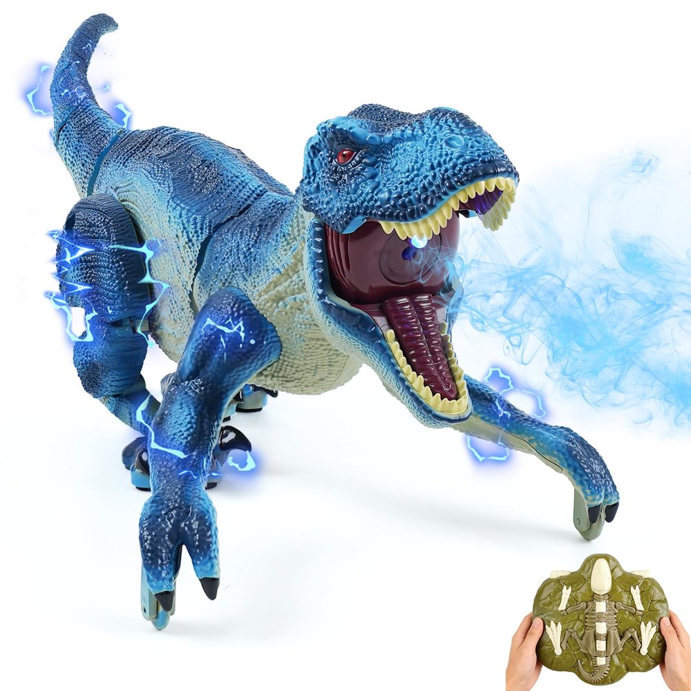 ToyFuntasy Remote Control Dinosaur Toys - Birthday Gifts for Boys Ages 3-5 4-7 8-12, Interactive Toy for Kids 3 4 5 6 7 8 9 10 11 12 Year Old, Walking Dino with Roar, Lights, and Spray - Blue