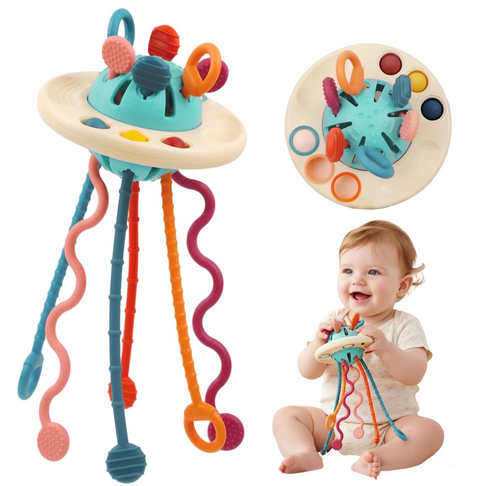 Fyxttalor Baby Toy for 12M+, Montessori Sensory Toy Play Set for Toddlers, UFO Pull String Toy in Stollers Educational Toy for Development Fine Motor Skills Gift for Boys& Girls
