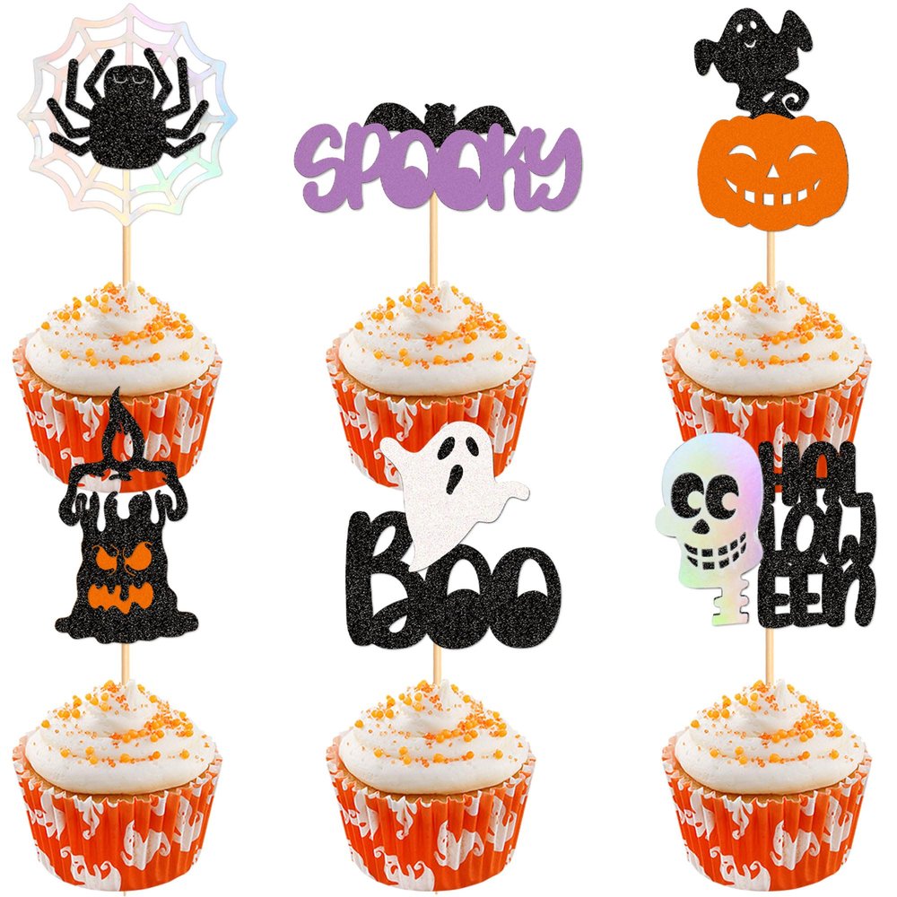 24Pcs Skull Halloween Cupcake Toppers Spooky Boo Cupcake Picks Ghost Pumpkin Spider Web Food Picks for Halloween Cupcake Decorations Spooky Birthday Party Decoration Halloween Party Supplies