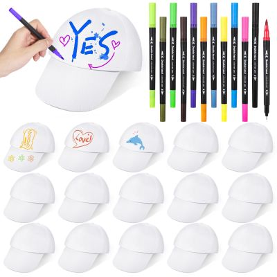 12 Colored Pens With 16 Diy Hats, Creative Adjustable Baseball Cap Hat For School Crafts, Youth Diy Painting Blank Baseball Hats, Family Bond White Diy Hat Set