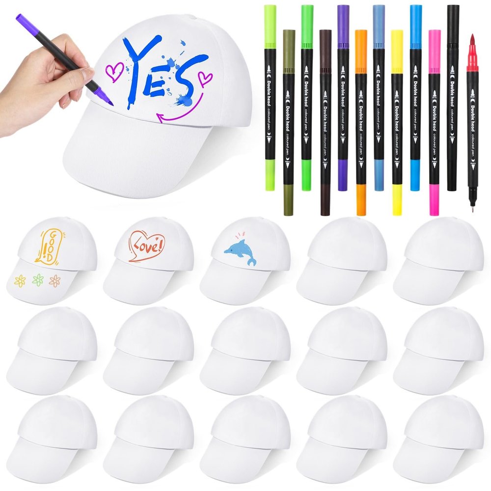 12 Colored Pens With 16 Diy Hats, Creative Adjustable Baseball Cap Hat For School Crafts, Youth Diy Painting Blank Baseball Hats, Family Bond White Diy Hat Set