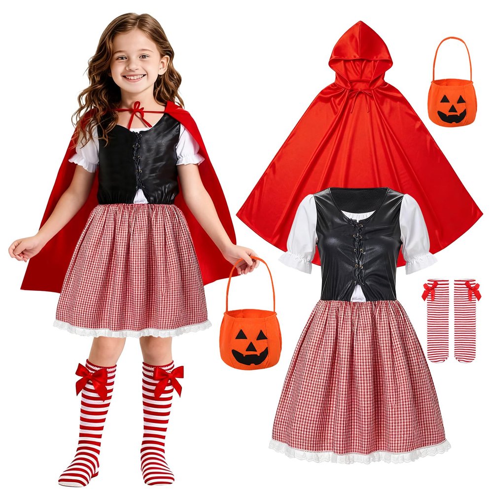 4PCS Girls Little Red Riding Hood Costume Red Cape Cosplay Dress Kids Fancy Princess Cosplay Halloween Outfit (Large-130)