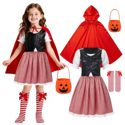 4PCS Girls Little Red Riding Hood Costume Red Cape Cosplay Dress Kids Fancy Princess Cosplay Halloween Outfit (XXLarge-150)