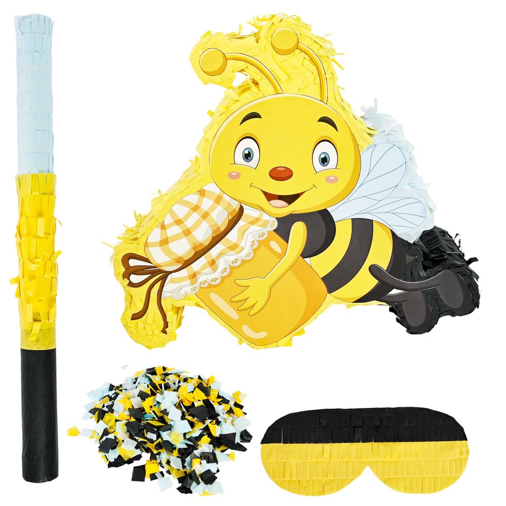 Bees Themed Piata Bee Pinata with Blindfold Stick Confetti Paper Bumble Birthday Pinata for Birthday Theme Party Supplies Decoration