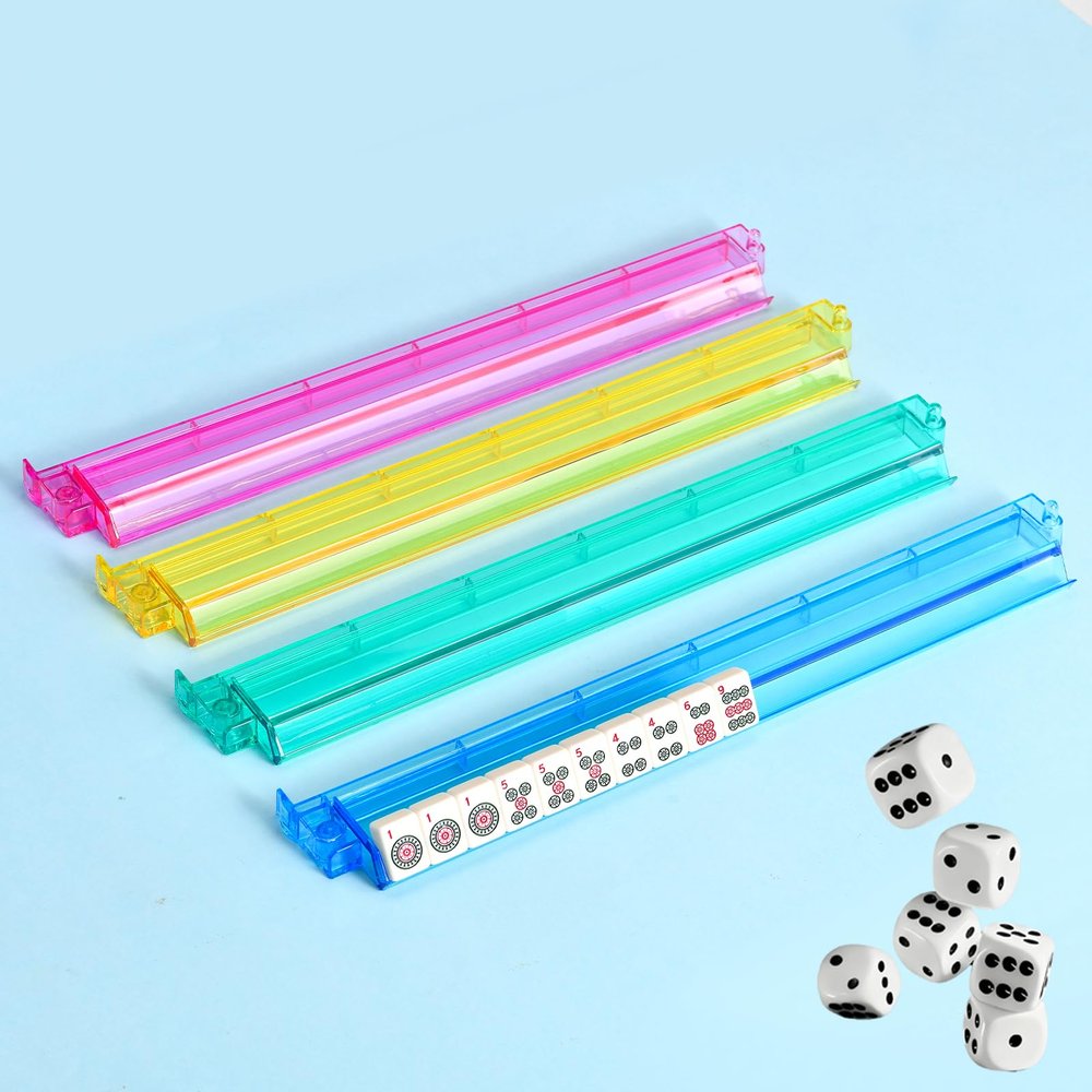 ANABIUP 4PCS Mahjong Racks with Pushers,Made from Acrylic Material, Suitable for American Mahjong,4 Colors American Majiang Tile Racks Come with 6 Dice. American Mahjong Accessories.