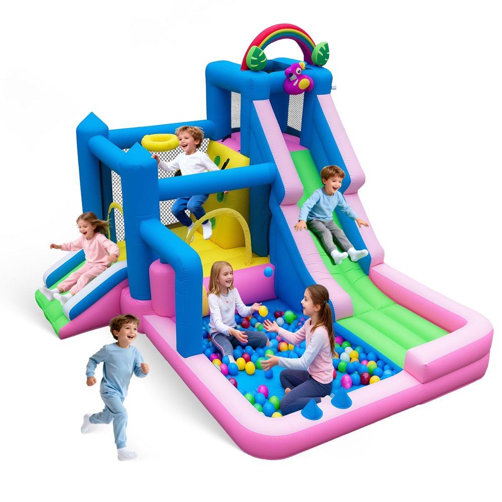 Flamingo Bounce House for Kids 10-in-1 Inflatable Castle with Double Slide, Ball Pit, Basketball Hoop, Climbing Wall & Sprinkler, Indoor/Outdoor Play, 480W Blower Included