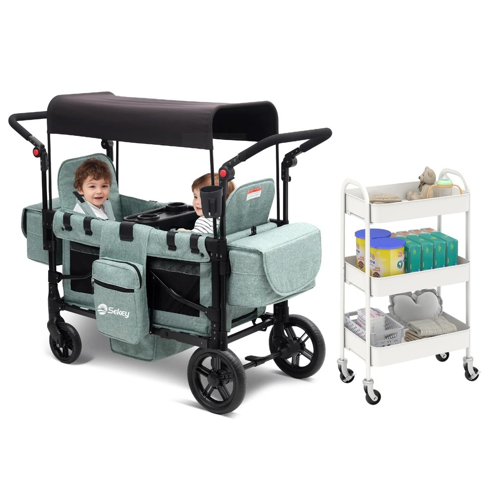 Wagon Stroller with 3 Tier Rolling Cart, Luxury 4-in-1 Stroller Wagon with No Screws Assemble Utility Carts
