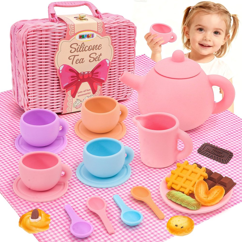 HAPGFS Silicone Tea Party Set for Kids - Complete Pretend Play Toy with Teapot, Cups, Picnic Basket, Food-Grade Safe Material for Toddlers Ages 3-5, Ideal for Indoor and Outdoor Imaginative Fun