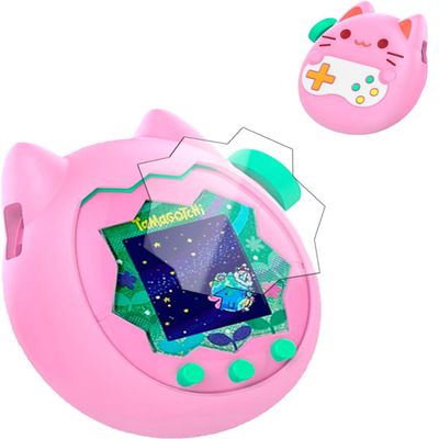 for Tamagotchi Paradise Soft Silicone Case and TPU Clear Screen Protector flim, 360-degree Full Protective with Flower Series Lanyard, Scratch Shock Protection, Blue/Pink