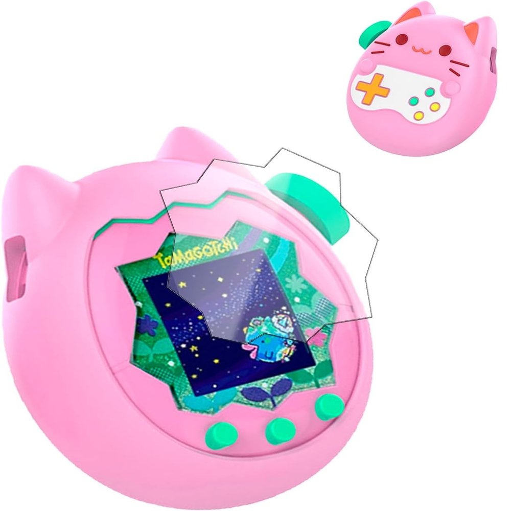 for Tamagotchi Paradise Soft Silicone Case and TPU Clear Screen Protector flim, 360-degree Full Protective with Flower Series Lanyard, Scratch Shock Protection, Blue/Pink