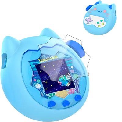 for Tamagotchi Paradise Soft Silicone Case and TPU Clear Screen Protector flim, 360-degree Full Protective with Flower Series Lanyard, Scratch Shock Protection, Blue/Pink