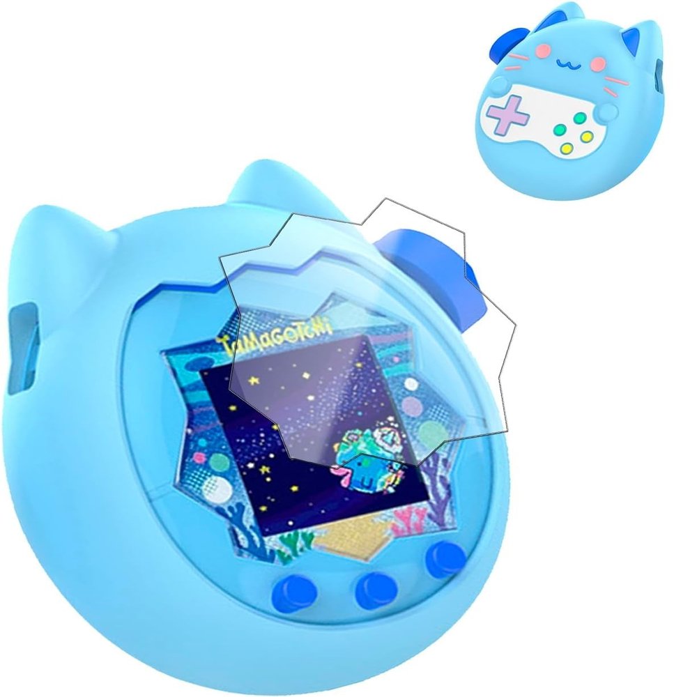for Tamagotchi Paradise Soft Silicone Case and TPU Clear Screen Protector flim, 360-degree Full Protective with Flower Series Lanyard, Scratch Shock Protection, Blue/Pink