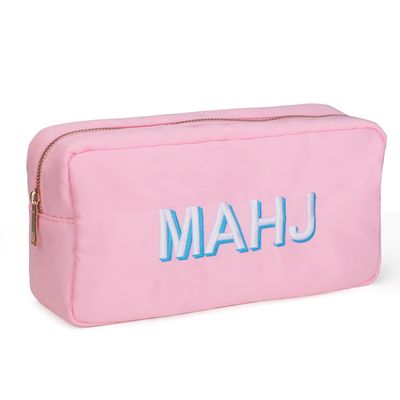 American Mahjong Tiles Bag for 1.2 inch Tiles, Portable Zippered Storage Case with Embroidery Letters, Soft Pink Travel Bag for Mahjong Lovers (Bag Only)