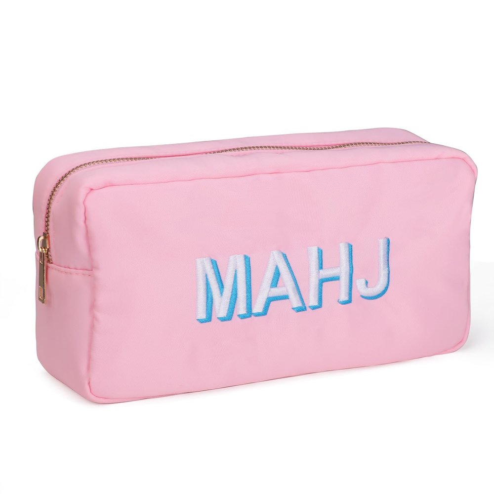 American Mahjong Tiles Bag for 1.2 inch Tiles, Portable Zippered Storage Case with Embroidery Letters, Soft Pink Travel Bag for Mahjong Lovers (Bag Only)