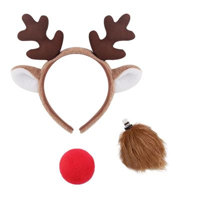 BEBAOVO Reindeer Antler Headband Costume Set with Red Nose and Brown Tail, Halloween Christmas Holiday Party Accessories, 3 Pieces