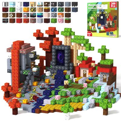 Magnetic Blocks 200 PCS Magnet Building Blocks Cubes Sensory Toys for 3-12 Years Old Gamer Player Kids, Stacking Magnets Birthday Christmas Graduation Gift Set, 0.8 Inch Block, Nether and Overworld