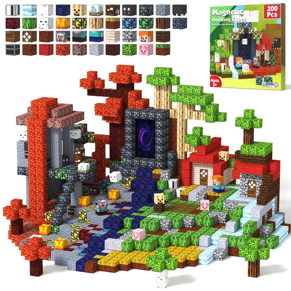Magnetic Blocks 200 PCS Magnet Building Blocks Cubes Sensory Toys for 3-12 Years Old Gamer Player Kids, Stacking Magnets Birthday Christmas Graduation Gift Set, 0.8 Inch Block, Nether and Overworld