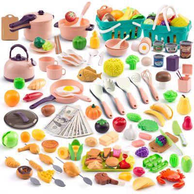 240Pcs Kids Mini Play Kitchen Accessories, Play Pans, Pots, Cookware with Desserts, Cuttable Veggies & BBQ Set & Storage Basket, Prop Money, Learning Gift for ChildToddlers, Child, Pink