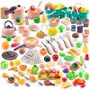 240Pcs Kids Mini Play Kitchen Accessories, Play Pans, Pots, Cookware with Desserts, Cuttable Veggies & BBQ Set & Storage Basket, Prop Money, Learning Gift for ChildToddlers, Child, Pink view 1