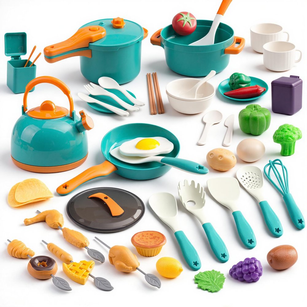 60Pcs Kids Mini Play Kitchen Accessories, Pretend Cooking Play Set with Cookware, Tableware & Fruit & BBQ Sets, Learning Gift for Boys, Girls, Toddlers,Green