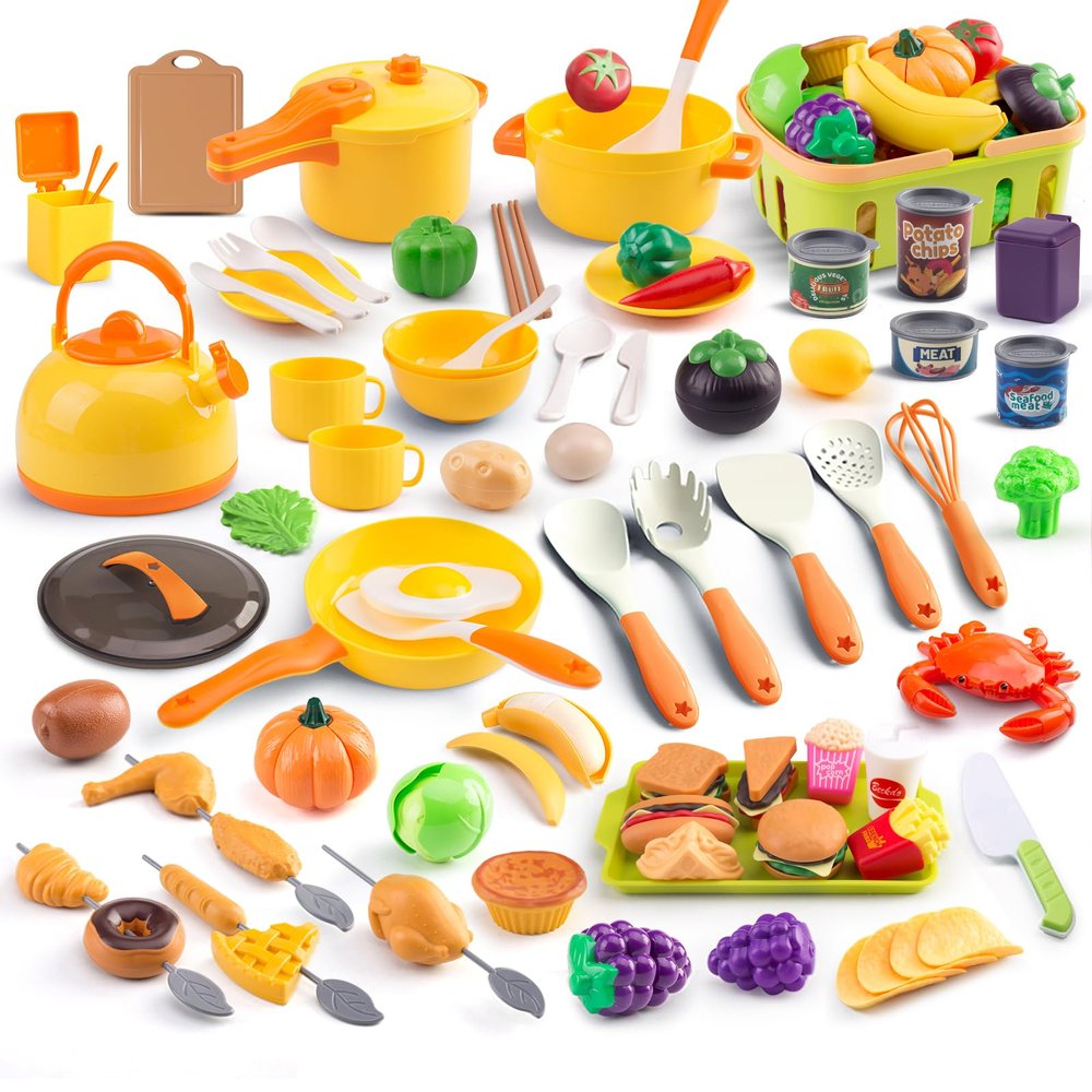 120Pcs Mini Play Kitchen Accessories, Kids Pretend Cooking Playset with Desserts, Cuttable Veggies & BBQ & Storage Basket, Educational Role-Play Gift for Toddlers, Child, Yellow