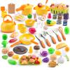 120Pcs Mini Play Kitchen Accessories, Kids Pretend Cooking Playset with Desserts, Cuttable Veggies & BBQ & Storage Basket, Educational Role-Play Gift for Toddlers, Child, Yellow view 2