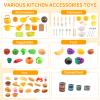 120Pcs Mini Play Kitchen Accessories, Kids Pretend Cooking Playset with Desserts, Cuttable Veggies & BBQ & Storage Basket, Educational Role-Play Gift for Toddlers, Child, Yellow view 4