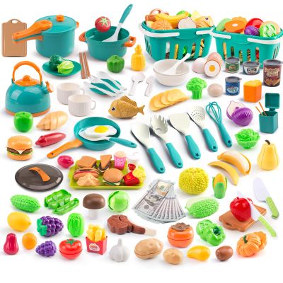 240Pcs Kids Mini Play Kitchen Accessories, Play Pans, Pots, Cookware with Desserts, Cuttable Veggies & BBQ Set & Storage Basket, Prop Money, Learning Gift for ChildToddlers, Child, Green