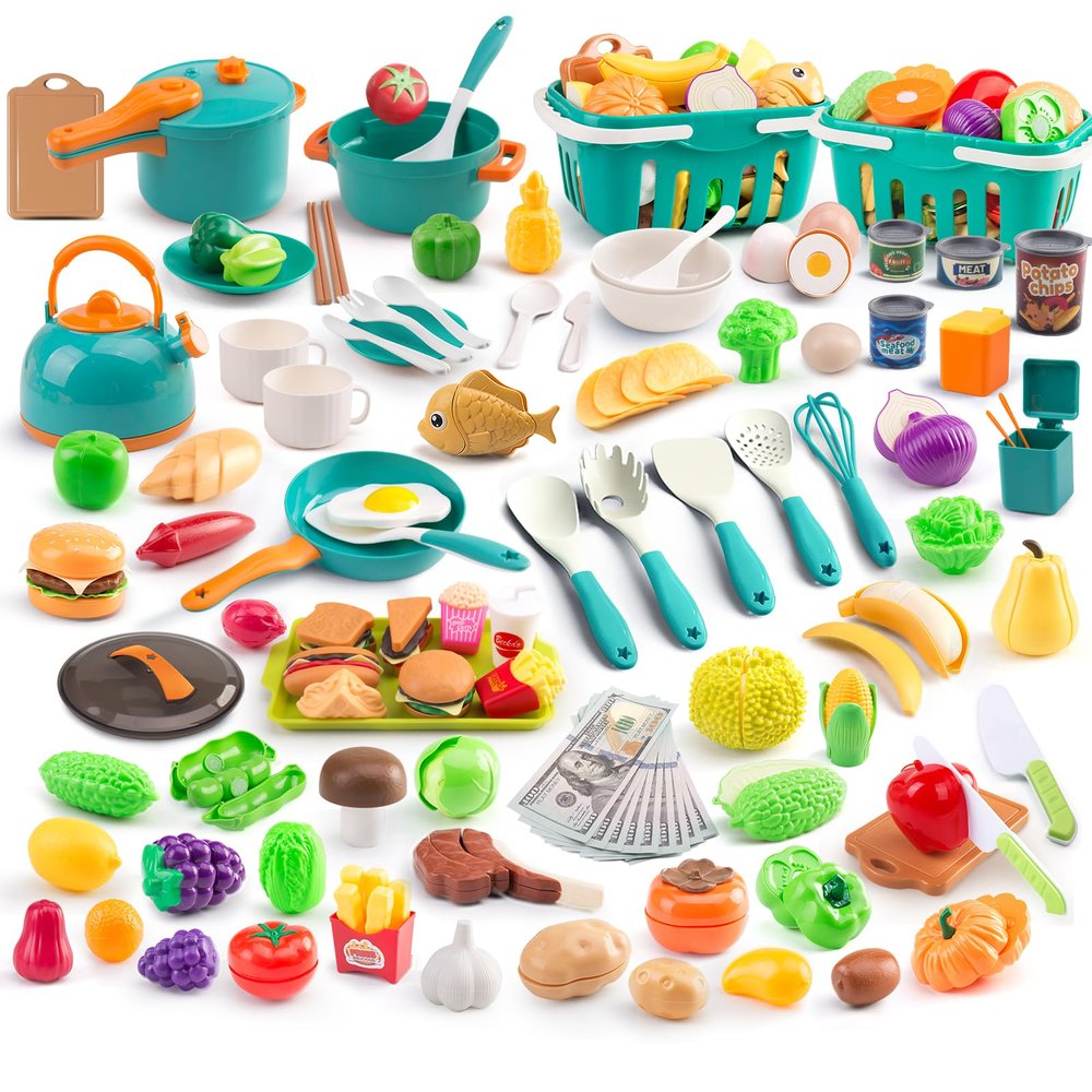 240Pcs Kids Mini Play Kitchen Accessories, Play Pans, Pots, Cookware with Desserts, Cuttable Veggies & BBQ Set & Storage Basket, Prop Money, Learning Gift for ChildToddlers, Child, Green